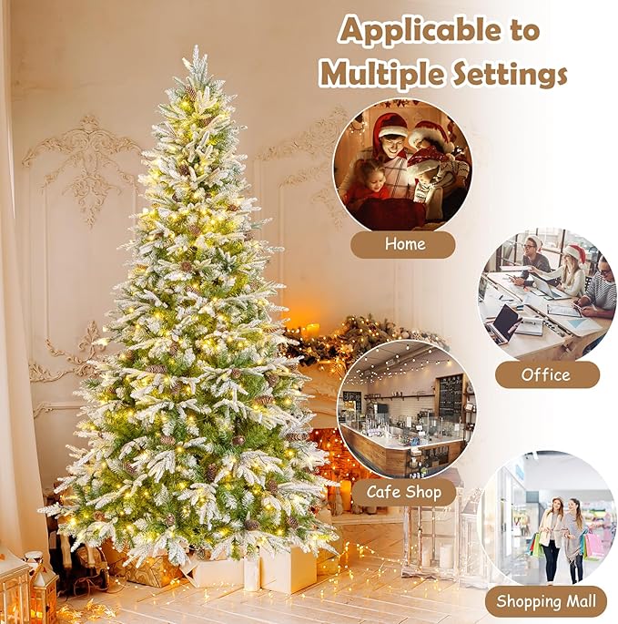 GOFLAME 7.5FT Pre-Lit Artificial Christmas Tree, Snow Flocked Xmas Tree with 1135 Branch Tips, 470 Warm White LED Lights, 81 Pine Cones, Holiday Decoration Tree for Home Office Party