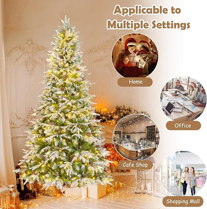GOFLAME 7.5FT Pre-Lit Artificial Christmas Tree, Snow Flocked Xmas Tree with 1135 Branch Tips, 470 Warm White LED Lights, 81 Pine Cones, Holiday Decoration Tree for Home Office Party