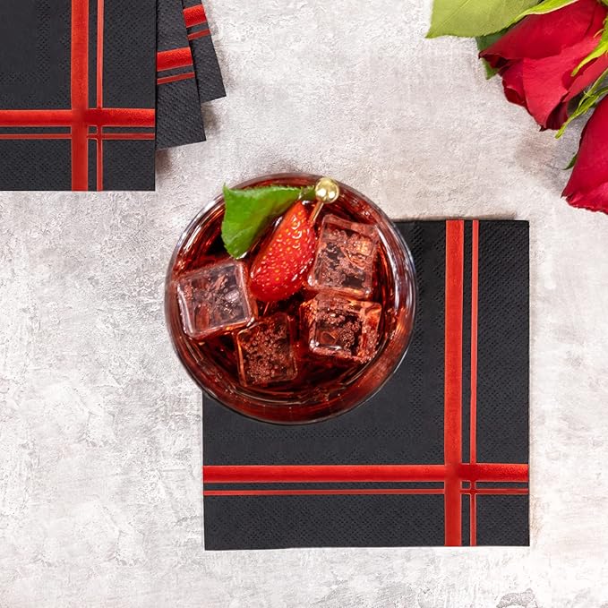 Red on Black Cocktail Napkins - 100 Pack, 5" x 5", 3-Ply Paper - Style Name: Blissful Crossing