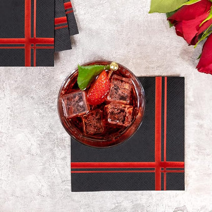 Red on Black Cocktail Napkins - 100 Pack, 5" x 5", 3-Ply Paper - Style Name: Blissful Crossing