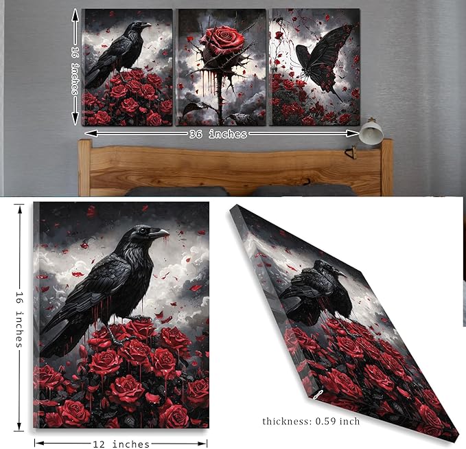 Framed Gothic Wall Art, Romantic Goth Decor, Spooky Dark Crow Flower Butterfly Aesthetic Pictures Decor for Bedroom Living Room Home(Framed, 12x16in, Set of 3, Ready to Hang)