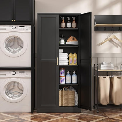 Kitchen Pantry Cabinet,71”Black Metal Pantry Storage Cabinet with Doors and 4 Adjustable Shelves,Kitchen Cabinet with 2 Gold Handles,Tall Cabinet for Livingroom,Pantry, Bathroom