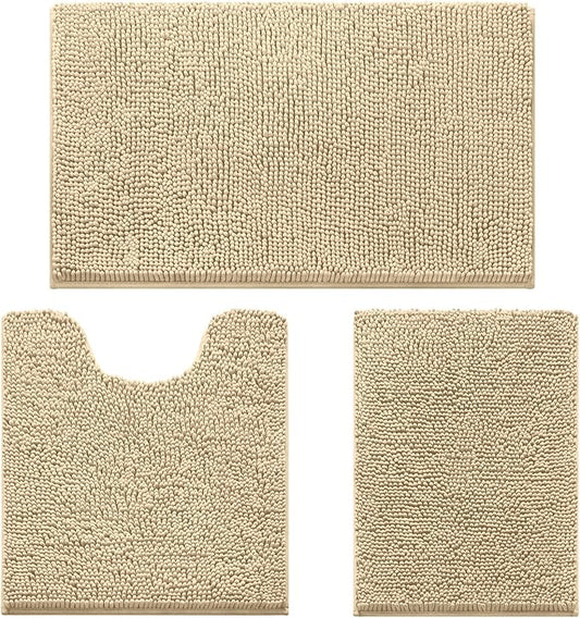 HOMEIDEAS 3 Pieces Bathroom Rugs, Ultra Soft Non Slip Absorbent Chenille Toilet Bath Mat Set (Beige)