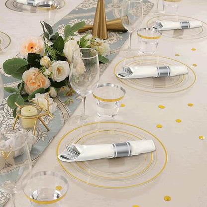 50 Pack Pre Rolled Silver Plastic Silverware Set,Wrapped Plastic Cutlery Set with Napkin Include 50 Forks,50 Spoons,50 Knives and 50 White Napkins for Party,Wedding,Christmas