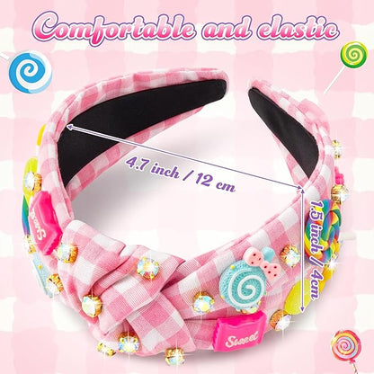 PANTIDE Candy Jeweled Knotted Headband - Christmas Rainbow Lollipop Rhinestone Embellished Preppy Headband Non Slip Wide Top Knot Hairband Accessories Birthday Gift for Women Girls (Pink Plaid)