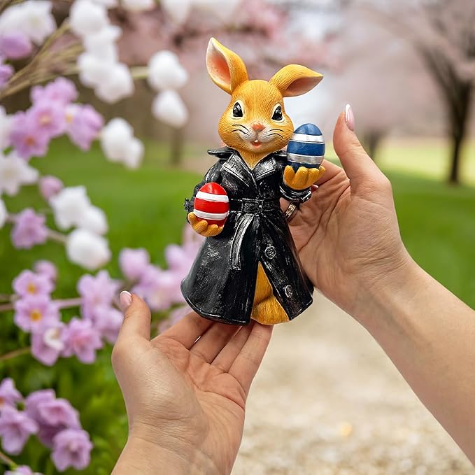 OrnamentallyYou Covert Carrot Collector Funny Bunny Agent Figurine, 7" Dueling Easter Rabbit Garden Statue