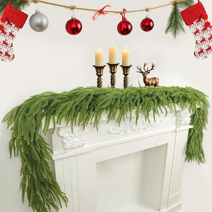 3pcs Christmas Garland, Artificial Norfolk Pine Garlands 2x6ft 1x9ft, Real Touch Garlands for Decoration Christmas, Christmas Garland for Table, Mantle, Wall, Fireplace(Green Norfolk Pine Garland)