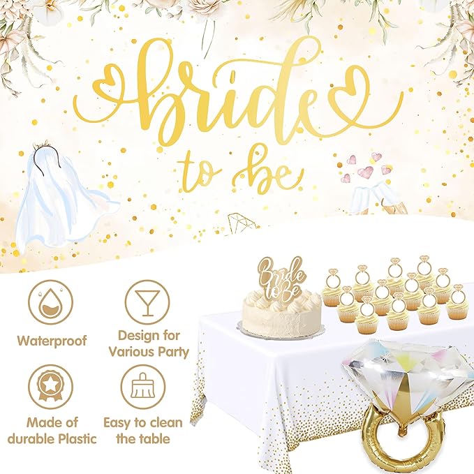 Bride to Be Decorations,White Gold Bridal Shower Balloons Kit with Backdrop,Bachelorette Party Decorations, Diamond Ring Foil Balloons,Cake Toppers