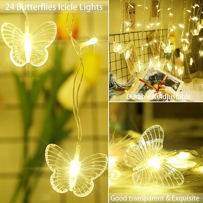 Butterfly Curtain Fairy Lights USB Plug in,120 LED 8 Modes 20FT Firefly Twinkle Icicle String Lights with Remote Timer Waterproof Copper Wire for Bedroom Patio Christmas Wedding Party Dorm(Warm White)