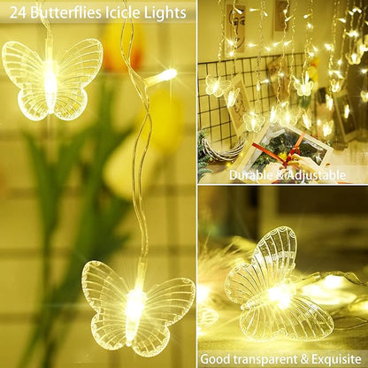 Butterfly Curtain Fairy Lights USB Plug in,120 LED 8 Modes 20FT Firefly Twinkle Icicle String Lights with Remote Timer Waterproof Copper Wire for Bedroom Patio Christmas Wedding Party Dorm(Warm White)