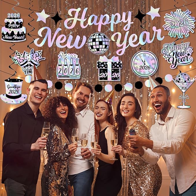 Iridescent New Years Decorations, Disco New Years Party Decorations 2026 includes Iridescent Happy New Year Banner and Disco Hanging Swirls, New Year Hanging Swirls for Indoor Outdoor Classroom Office