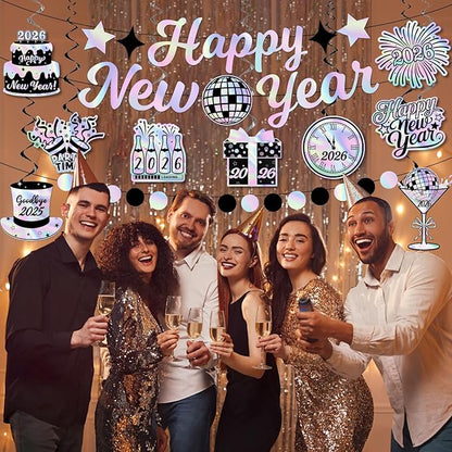 Iridescent New Years Decorations, Disco New Years Party Decorations 2026 includes Iridescent Happy New Year Banner and Disco Hanging Swirls, New Year Hanging Swirls for Indoor Outdoor Classroom Office