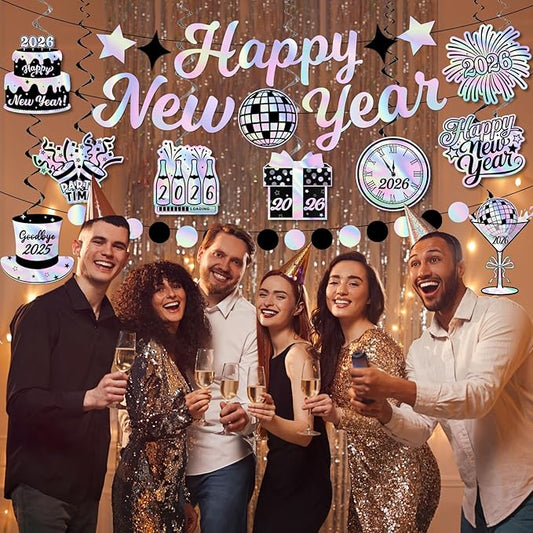 Iridescent New Years Decorations, Disco New Years Party Decorations 2026 includes Iridescent Happy New Year Banner and Disco Hanging Swirls, New Year Hanging Swirls for Indoor Outdoor Classroom Office