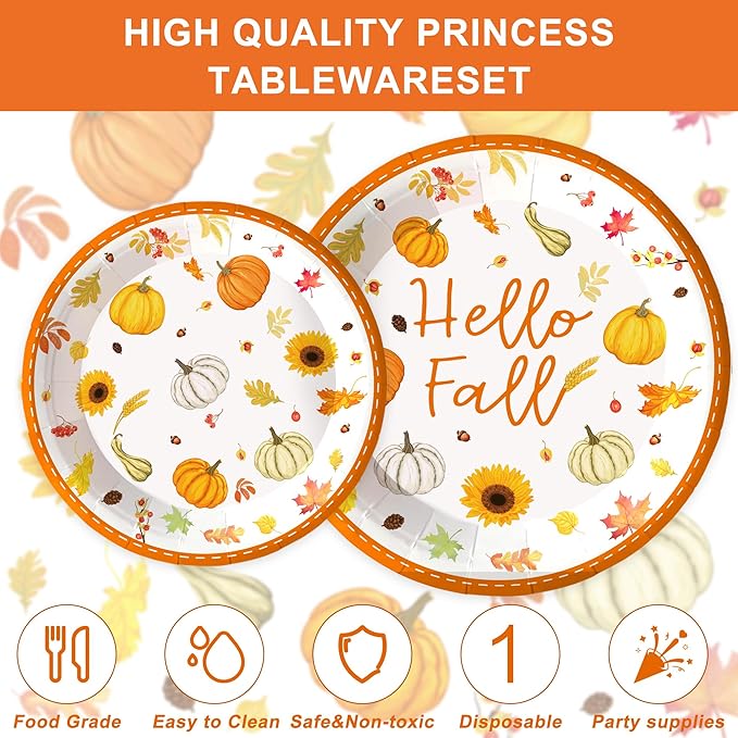 123PCS Autumn Party Supplies for Thanksgiving Themed Fall Pumpkin Decoration Tableware Set with Tablecloth and Banner Leaves Harvest Dessert Plates Napkins Cups Hanging Swirl Set for 20 Guests