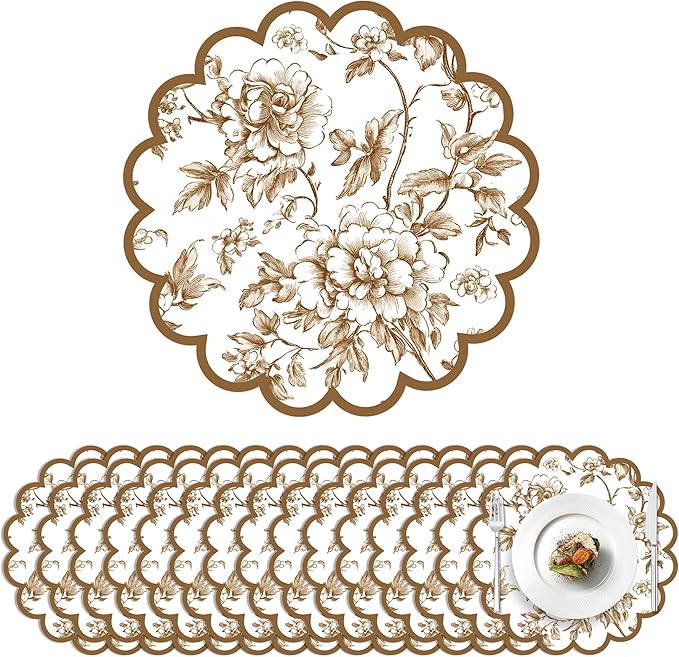 100 Pcs Brown Floral Paper Placemats with Scalloped Edges 15 Inch Chinoiserie Paper Table Mats Vintage Floral Place Mats for Dining Parties Weddings Holidays Table Decorations