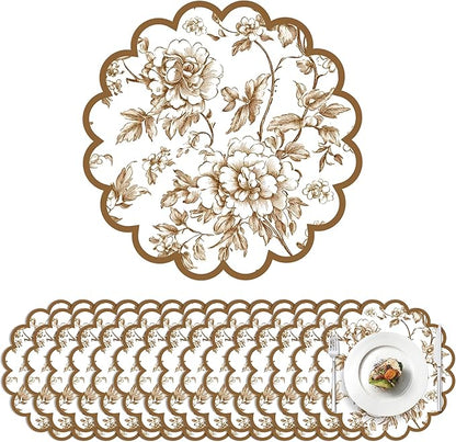100 Pcs Brown Floral Paper Placemats with Scalloped Edges 15 Inch Chinoiserie Paper Table Mats Vintage Floral Place Mats for Dining Parties Weddings Holidays Table Decorations