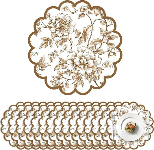 100 Pcs Brown Floral Paper Placemats with Scalloped Edges 15 Inch Chinoiserie Paper Table Mats Vintage Floral Place Mats for Dining Parties Weddings Holidays Table Decorations