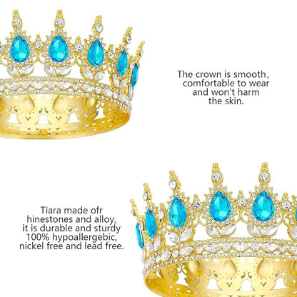Queen Rhinestone Wedding & Bridal Crowns - Gold & Light Blue Tiaras for Women's Costume Party & Princess Birthday Accessories