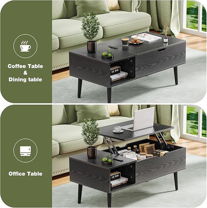OLIXIS Wood Lift Top Coffee Table with Hidden Compartment and Large Storage Shelf, Lift Tabletop Dining Center Table for Home Living Room Office, Black