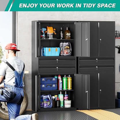 SISESOL Metal Storage Cabinet with Drawer and Locks,Black Garage Storage Cabinet with Locking Doors and Adjustable Shelves,71" Tall Large Metal Cabinets with Magnetic Door for Home,Office,Garage