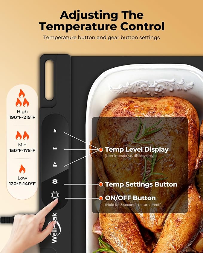Electric Warming Mat for Food - Full Surface Fast Heating Silicone Tray with 3-Level Temperature, Auto-Off, Raised Feet for Table Protection, Versatile Warmer for Gatherings, Parties, Buffets