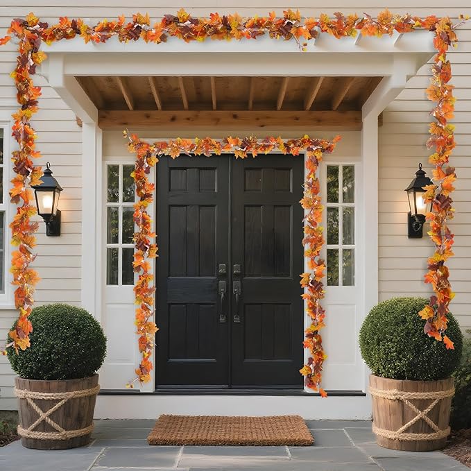 6FT Fall Decor, Fall Garland with Lights for Mantle, Fall Decorations for Home, Realistic Fall Leaves Garland with Pine Berries Cone for Outdoor Indoor Porch Table Fireplace Thanksgiving Decorations