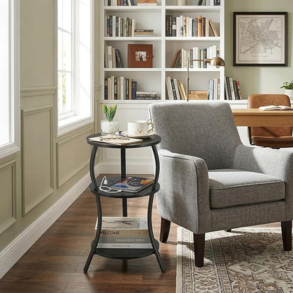 Small Round Side Table with Charging Station, 3-Tier Waist Circular End Table with Storage Shelf, Compact Tea Sofa Side Table Small Spaces, Round Corner Coffee Table for Living Room Bedroon,Black