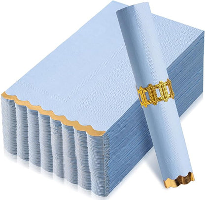 50 Pack Dinner Napkins Paper Decorative, Gold Foil Scalloped Edged Guest Napkins Disposable for Wedding, Shower Baby, Birthday Parties Supplies (4 x 8 In, Blue)