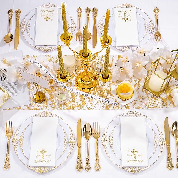 50 Pack Cross Paper Napkins - Baptism Napkins Disposable - Gold Cloth-Like Feel Dinner Paper - Heavy Duty Hand Towels for Religious Party, Confirmation, Christening, First Communion