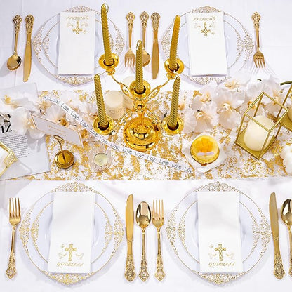 50 Pack Cross Paper Napkins - Baptism Napkins Disposable - Gold Cloth-Like Feel Dinner Paper - Heavy Duty Hand Towels for Religious Party, Confirmation, Christening, First Communion