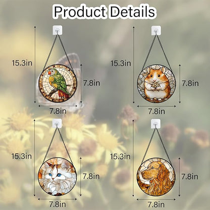 Stained Glass Window Hanging 4 Pcs Set Cute Cat and Dog 7.8" - Animal Suncatcher Door Garden Sun Catcher Decor Birthday Mother's Day for Mom Woman Nana Girl Boy Friend