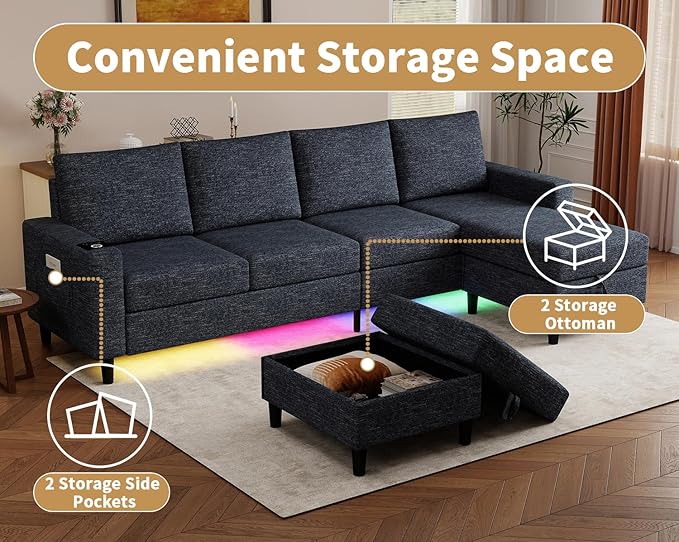 Smart Sectional Couches for Living Room, 4 Seat U/L Shaped Sectional Sofa with RGB Light/Charging, Modern Living Room Furniture for Apartments/Office/More (Blue)