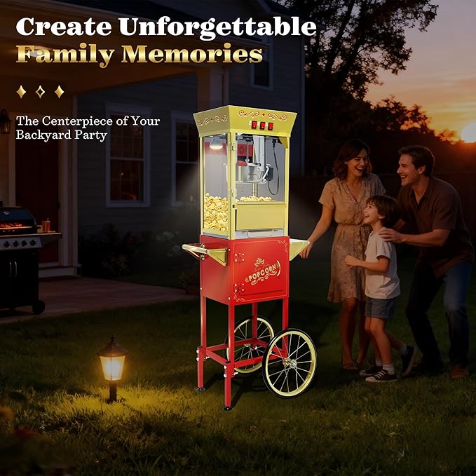 Vintage Commercial Popcorn Machine with Cart & Warmer Light - 12oz Stainless Steel Popper Makes 60 Cups for Home Theater and Parties, Red