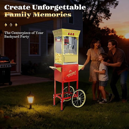 Vintage Commercial Popcorn Machine with Cart & Warmer Light - 12oz Stainless Steel Popper Makes 60 Cups for Home Theater and Parties, Red