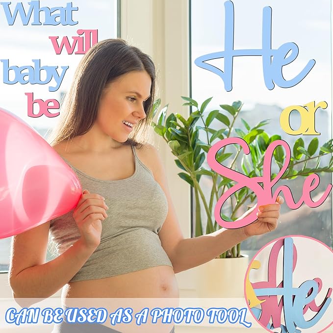 Large Wooden He or She Gender Reveal Sign Decals with 30 PCS Pink Blue Balloons 12 Inch Oh Baby Shower Sticker What Will Baby Be Backdrop Decoration Girl or Boy Sign for Pregnancy Backdrop Photo Props