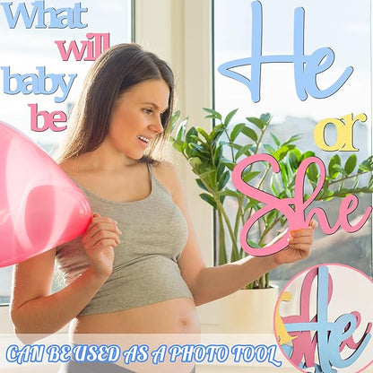 Large Wooden He or She Gender Reveal Sign Decals with 30 PCS Pink Blue Balloons 12 Inch Oh Baby Shower Sticker What Will Baby Be Backdrop Decoration Girl or Boy Sign for Pregnancy Backdrop Photo Props