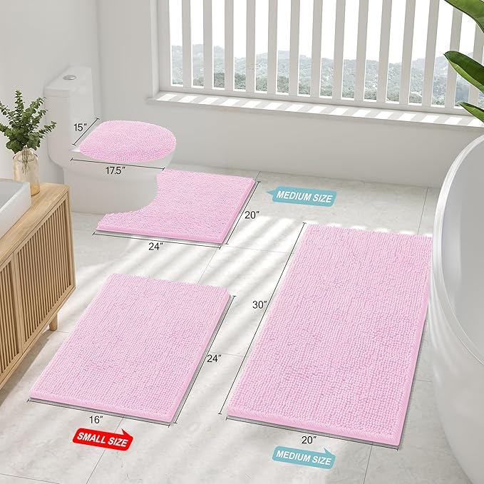 Smiry Luxury Chenille Bathroom Rugs 59x20, Extra Soft and Absorbent Shaggy Bath Mat, Machine Washable, Non-Slip Plush Carpet Runner for Tub, Shower, and Floor, Home Decor Accessories, Pink