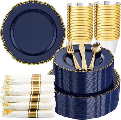 Hioasis 350pcs Blue and gold Plastic Plates - Blue Plastic Dinnerware Set Includes 50 Dinner Plates, 50 Dessert Dinnerware, 50 Cups, 50 Rolled Napkin Cutlery Perfect for Wedding & Christmas