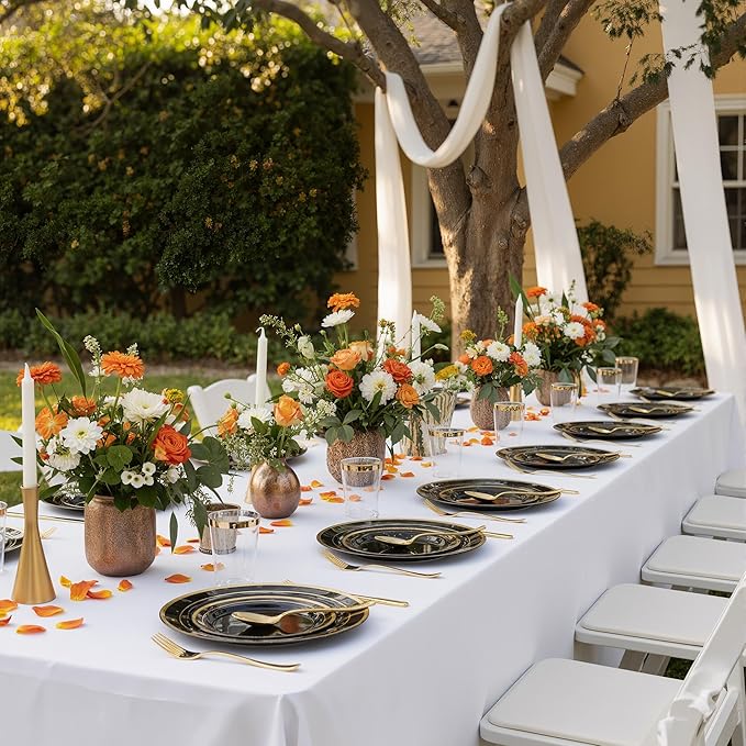 175 Pcs Black Gold Disposable Plates for 25 Guests, Disposable Plastic Plates, Dinnerware Set Include 25 Dinner Plates, 25 Salad Plates,25 Cups, 25 Paper Napkins for Party, Wedding