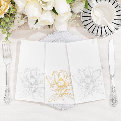 50 Pack Silver Magnolia Napkins - Silver Floral Disposable Napkins - Cloth-Like Feel Dinner Paper - Retro Heavy Duty Hand Towels for Bathroom Wedding Holiday Party Bridal Decorative Towels
