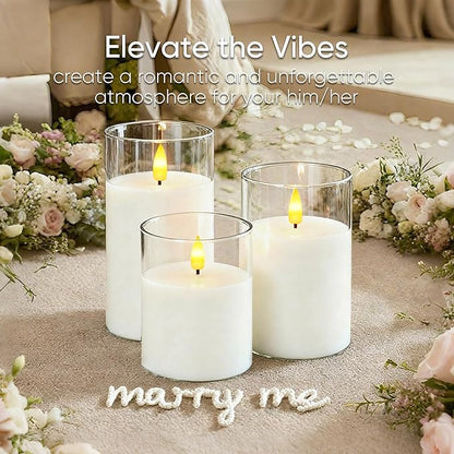 5plots Flameless Battery Operated Candles Set of 3, White LED Candles with Remote Timer, Real Wax Glass Pillar Candles Warm Flickering Light for Indoor Home, Halloween, Christmas Decor D3 x H4 5" 6"