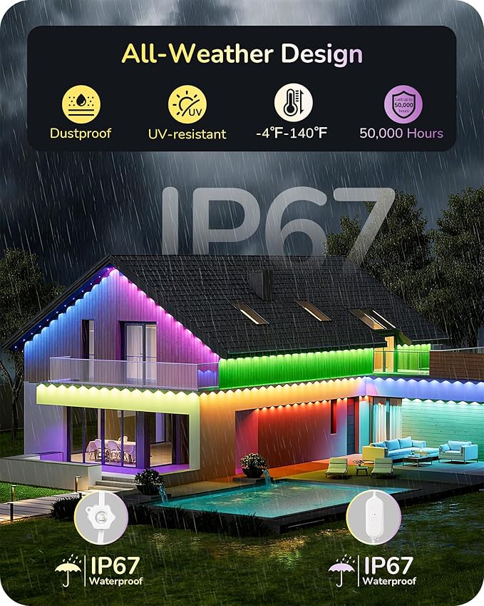 EDISHINE 150FT Cuttable Permanent Outdoor Xmas Lights for House PRO, 90 LED Smart RGB+IC+Warm White Eave Light, 111+ Scene Modes, App/Remote, IP67 Waterproof for Year-Round Decor, Alexa Google Enable