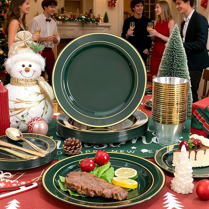 350PCS Green and Gold Plates - Green Plastic Plates 50Guests Plastic Christmas Plate with Rolled Napkins for Party/Christmas/Birthday