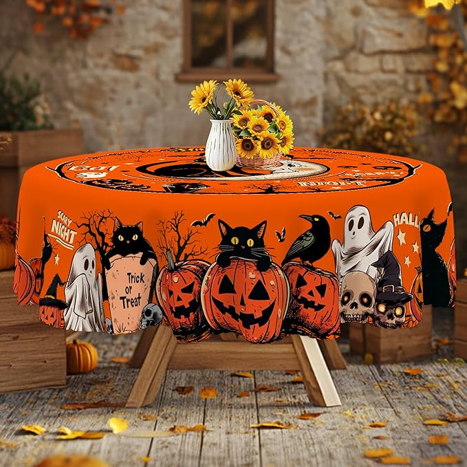 Eikione Round Tablecloth 60inch, Halloween Batcat Tablecloth Waterproof and Wrinkle-Free, Table Covers, Summer Decorations for Home Dining
