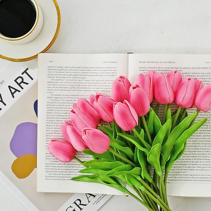 ONLY ART Artificial Pink Tulips 20 Pcs – 13.5 Inch PU Faux Flowers with Bendable Stems for Home Décor, Wedding Centerpieces, DIY Floral Arrangements, Table Decorations