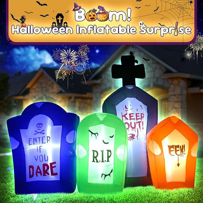 6FT Halloween Inflatable Tombstones Set Decora Halloween Blow Up Decor with LED Lights Indoor Outdoor Holiday Party Yard Graden Decoration