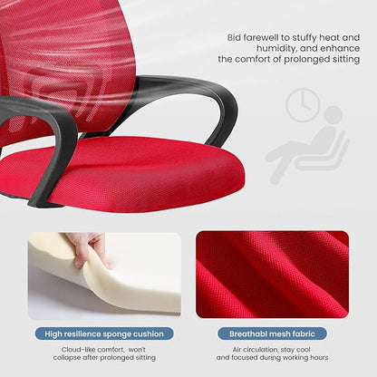 DUMOS Home Office Chair - Ergonomic Mid Back Mesh Desk Chair with Lumbar Support & Rocking Mode, Height Adjustable with Fixed Armrest, for Computer, Gaming, Meeting, Red, 2 Pack