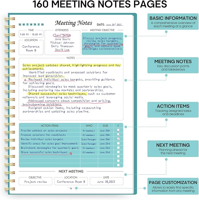 Taja Meeting Notebook for Work Organization - Work Planner Notebook with Action Items, Agenda Planner for Note Taking, 160 Pages (6.9" X 9.9") Project Organizer for Men & Women - Blue