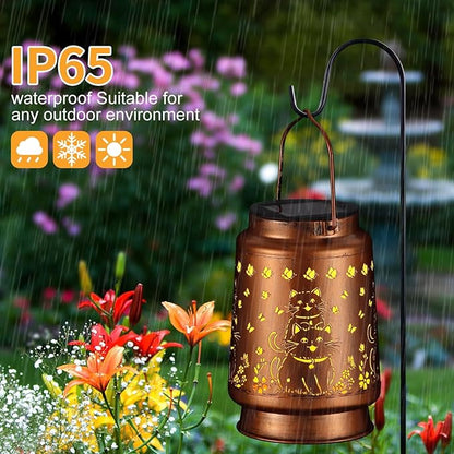 Solar Lantern Outdoor Hanging Waterproof Outside Metal Openwork Hummingbird Pattern Birthday Gifts for Women Mom Landscape Lights for Porch Garden Yard Patio Pathway Decor(Cat)