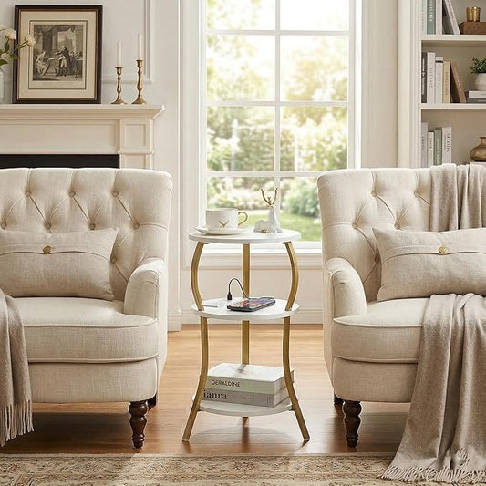 Small Round Side Table with Charging Station, 3-Tier Waist Circular End Table with Storage Shelf, Compact Tea Sofa Side Table Small Spaces, Round Corner Coffee Table for Living Room Bedroon,White+Gold